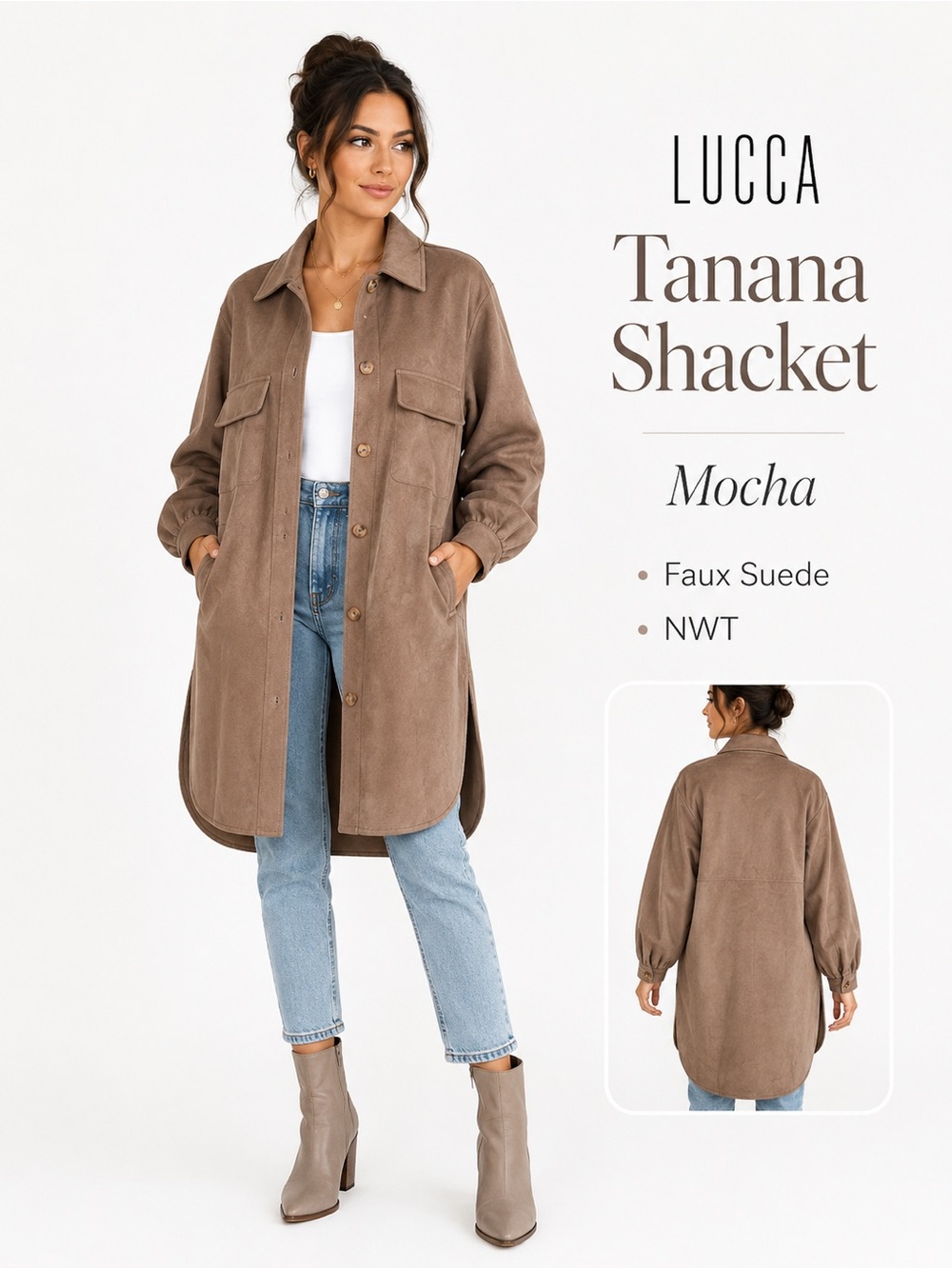 LUCCA Tanana Mocha Faux Suede Longline Shacket Jacket NWT